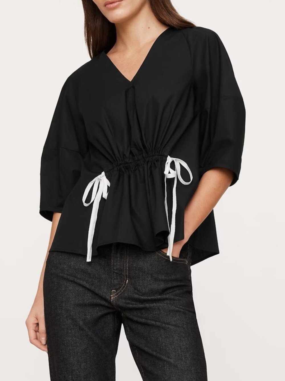 NWT! Banana Republic Black Cotton Poplin Cinch-Waist Drawstring S/S Top M